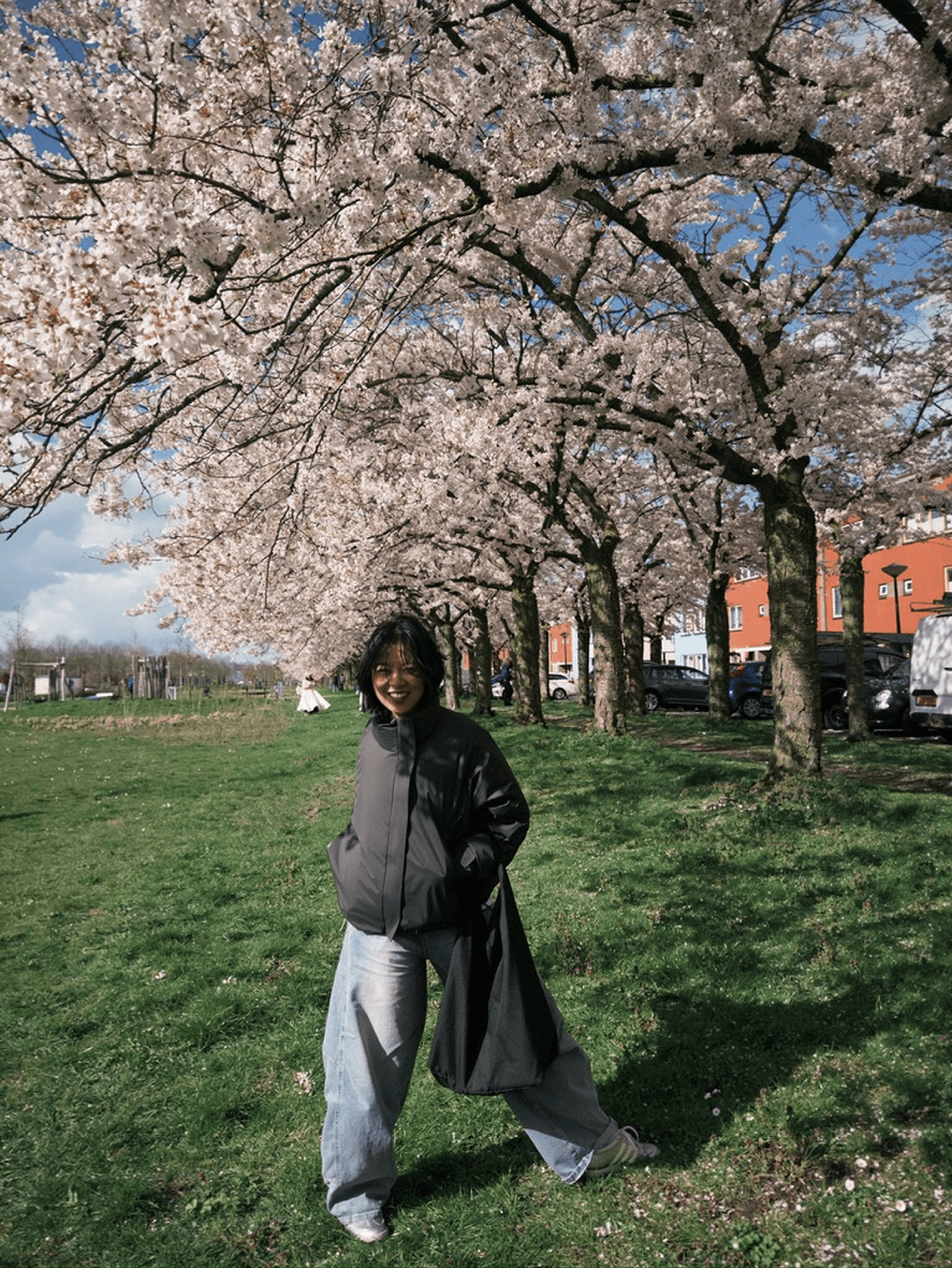Standing under cherry blossoms