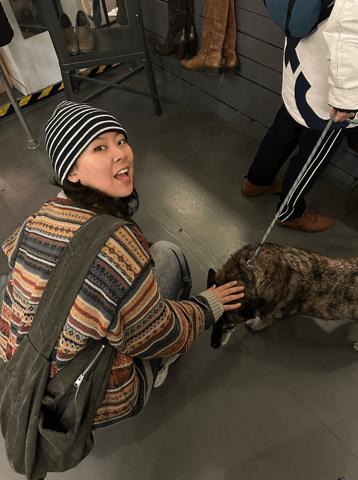 Petting a dog outdoors