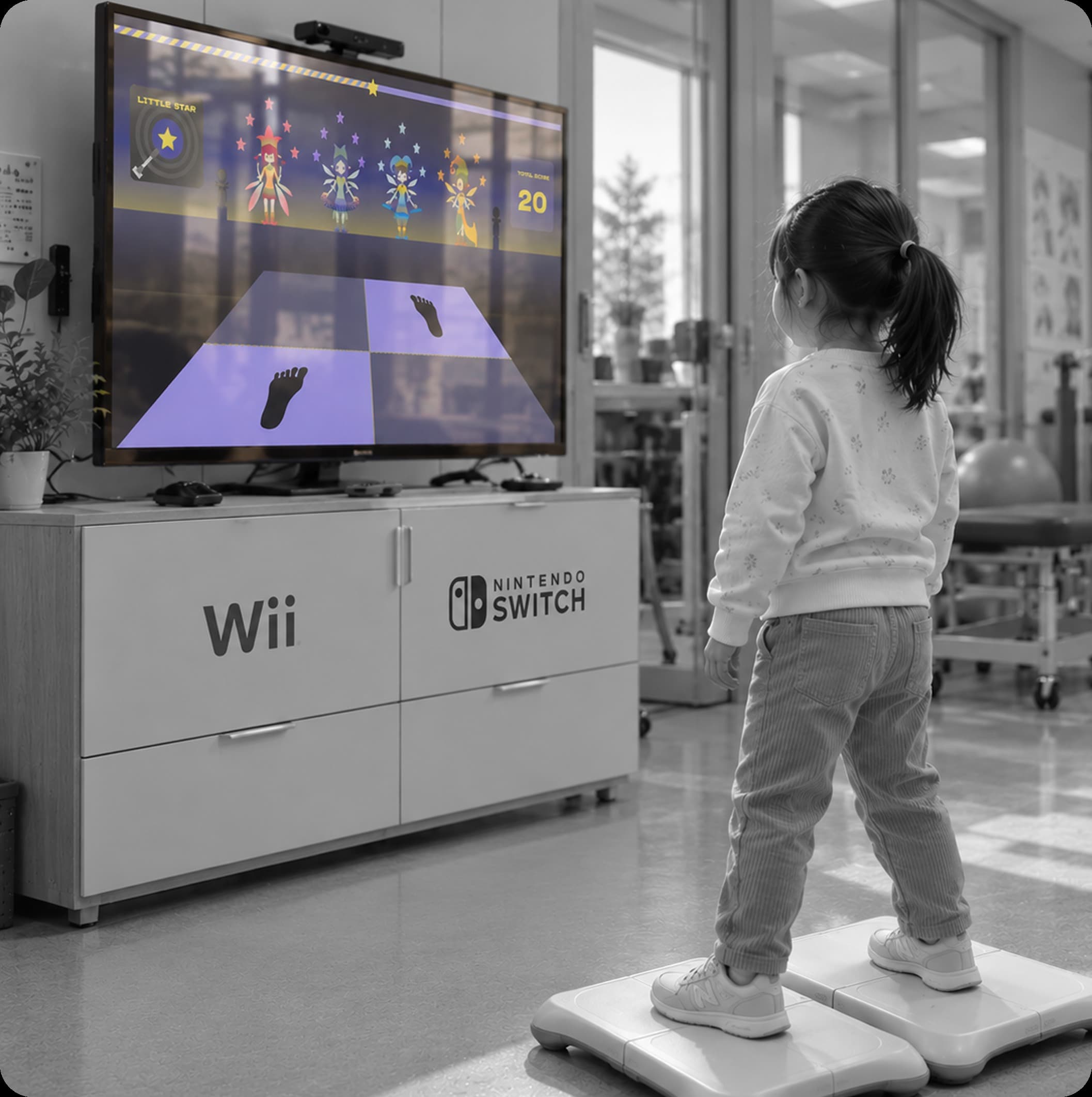Child standing on balance boards facing a TV playing Balance Stomper