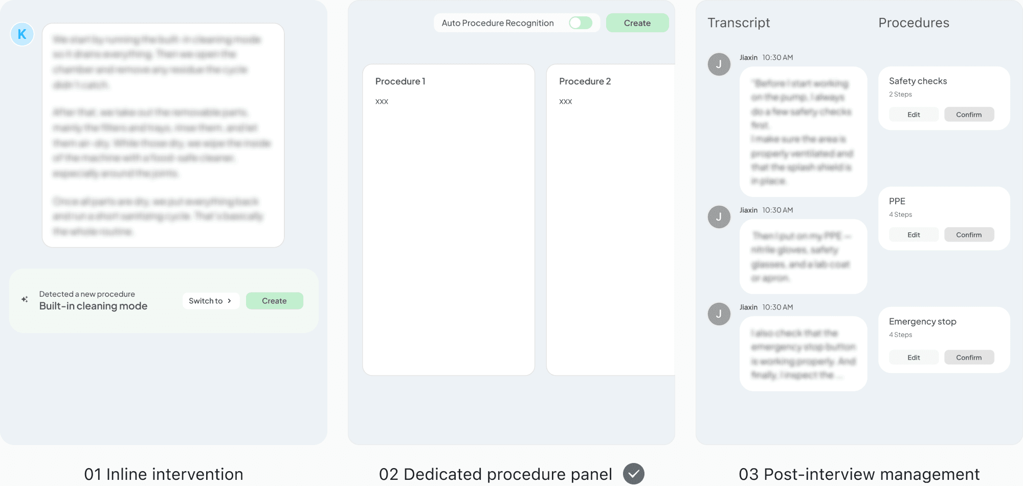 Three AI involvement options: inline intervention, dedicated procedure panel, and post-interview management