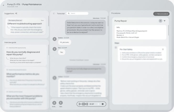 V1 interview mode with all major panels visible