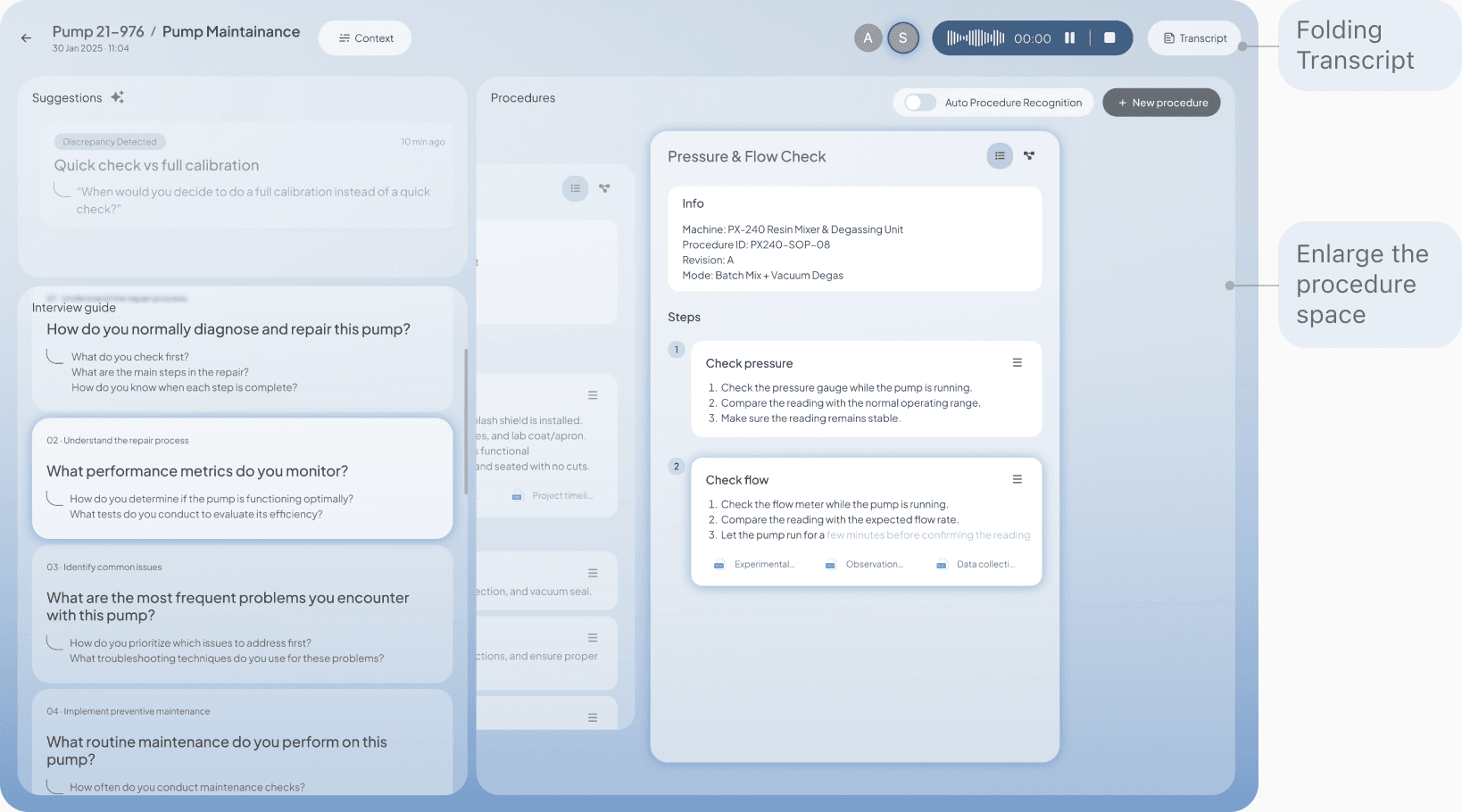 V2 interview workspace with folded transcript and enlarged procedure space