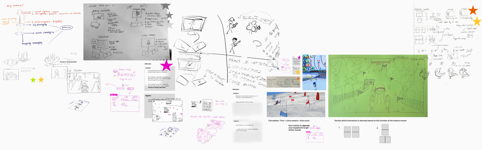 Collage of gameplay concept sketches, UI wireframes, ski-game screenshots, and interaction diagrams from team ideation