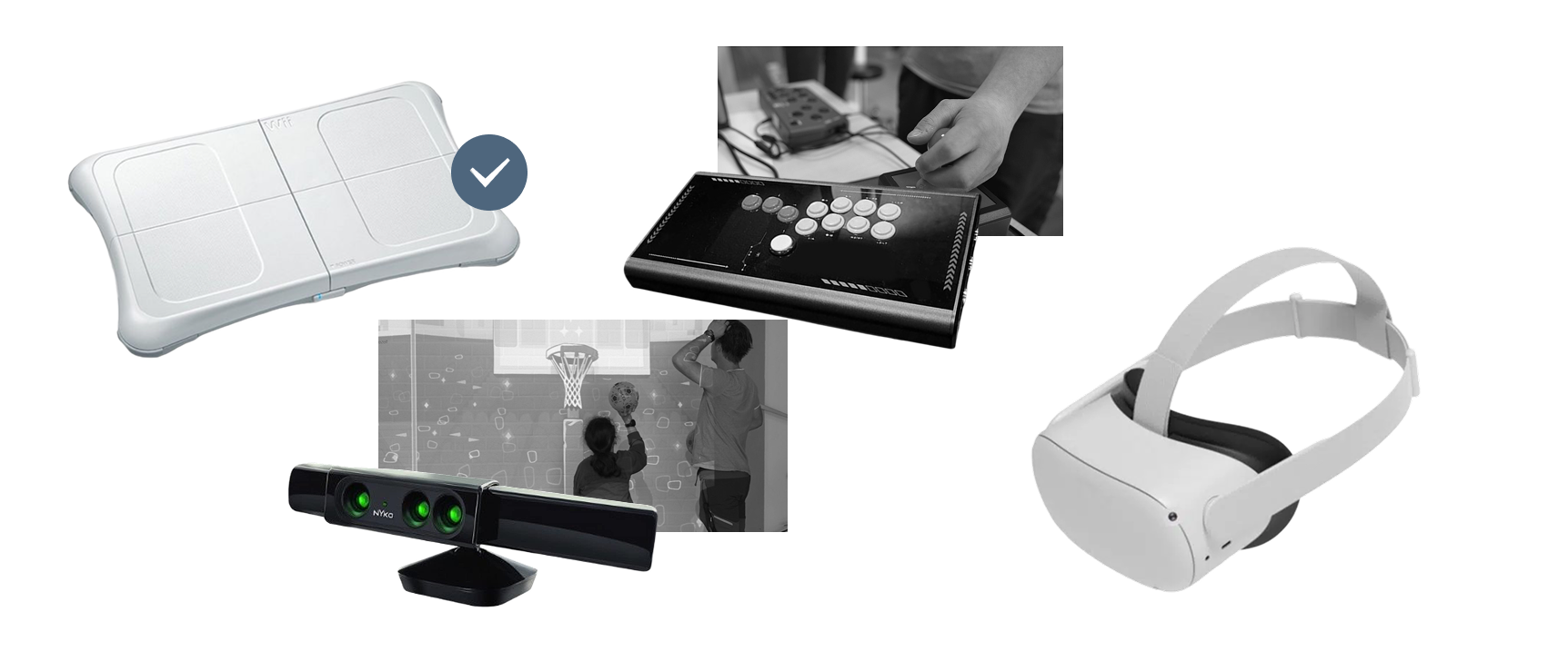 Hardware options reviewed: Wii Balance Board selected with checkmark, alongside Kinect, VR headset, and other controllers