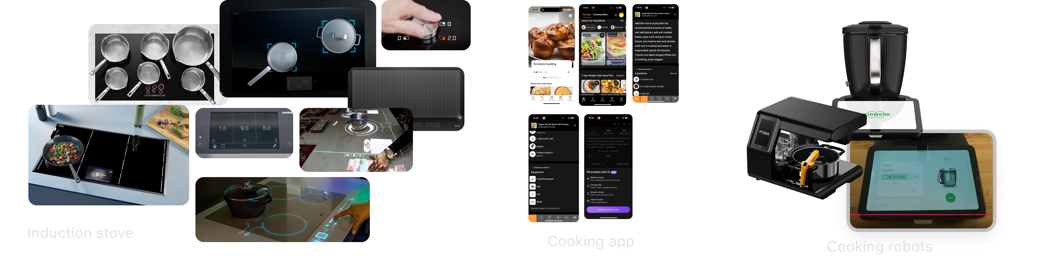 Benchmark collage of induction stoves, cooking apps, and cooking robots