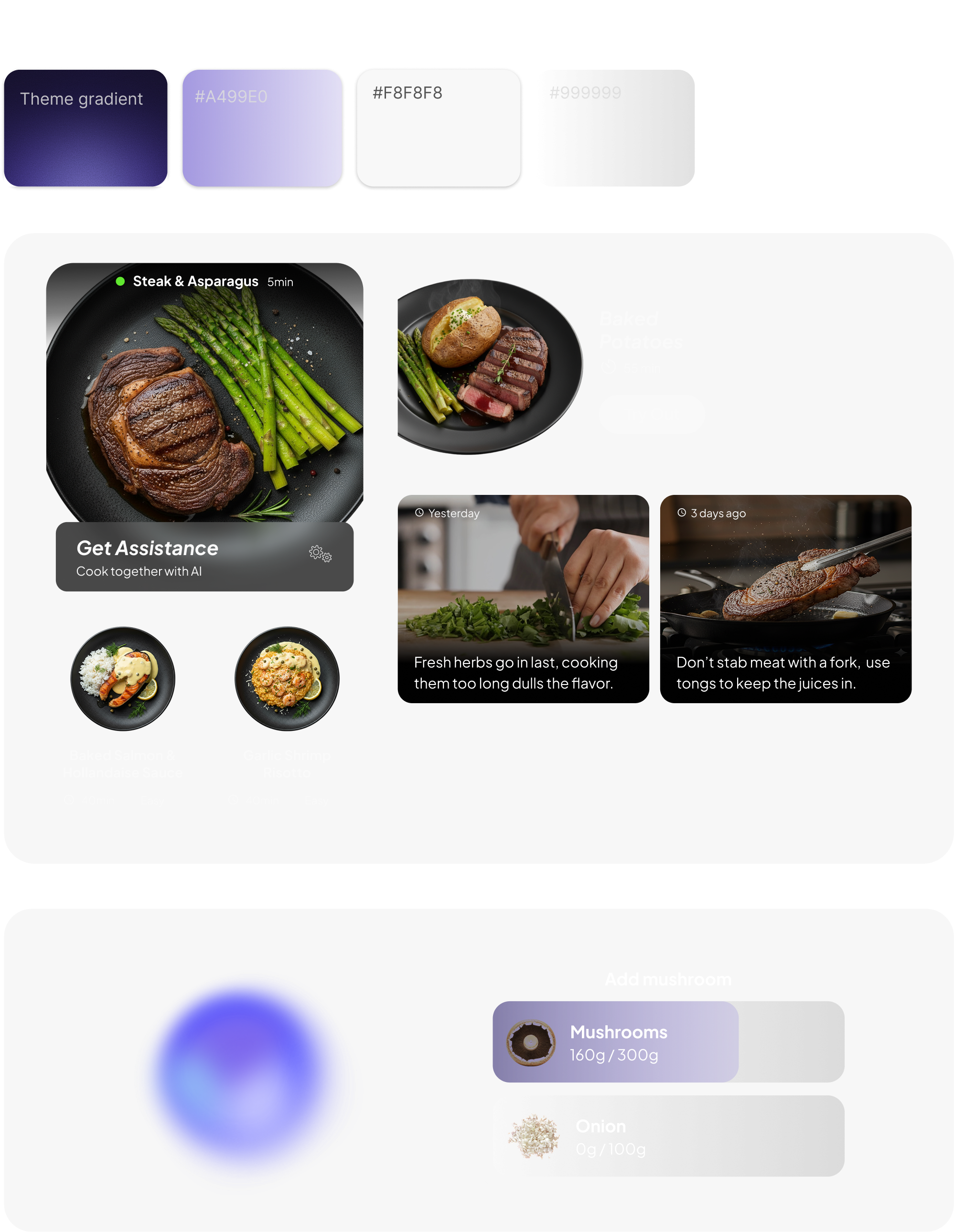 AI assistant visual system: Plus Jakarta Sans, theme colors, recipe cards, tips, and ingredient adjustment UI