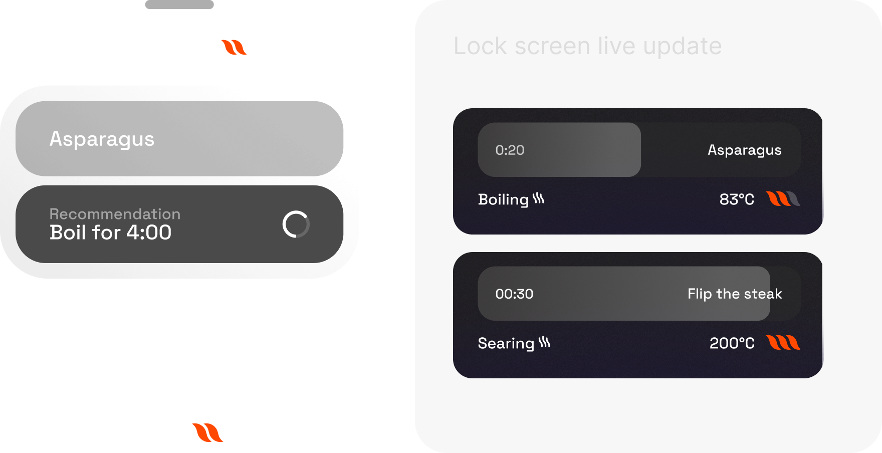 Hob UI components: boiling status pill, asparagus recommendation card, Space Grotesk icons, and lock screen live updates